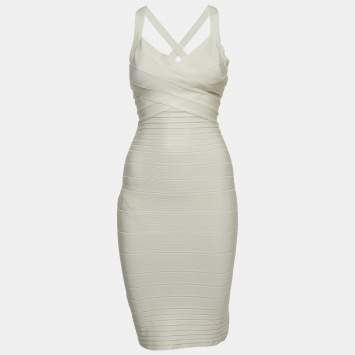 Pre Owned Herve Leger White Bandage Knit Bodycon Dress S