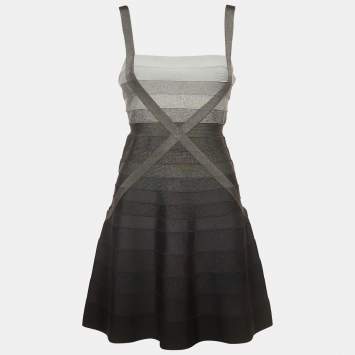 Pre Owned Herve Leger Grey Knit Strappy Flared Mini Dress M