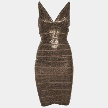 Pre Owned Herve Leger Brown Sequin Sleeveless Bodycon Dress S