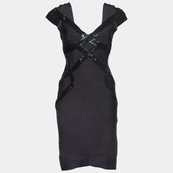 Pre Owned Herve Leger Grey Sequin Embellished Knit Cap Sleeve Bandage Dress M