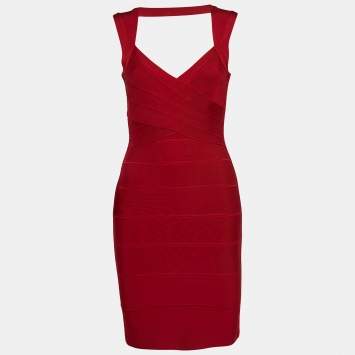 Pre Owned Herve Leger Red Bandage Knit Sleeveless Mini Dress S