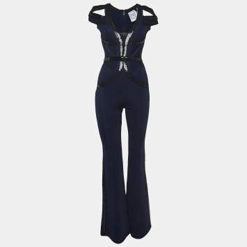 Pre Owned Herve Leger Navy Blue Sequin Embellished Jumpsuit S