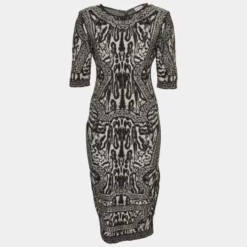 Pre Owned Herve Leger Monochrome Stretch Knit Zola Midi Dress S