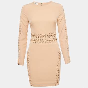 Pre Owned House of Cb Beige Crepe Lace-Up Sheath Dress S