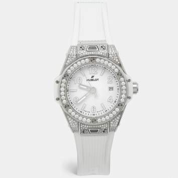 Pre Owned Hublot Big Bang One Click 485.SE.2010.RW.1604 White Dial Stainless Steel Resin Diamond Rubber Women's Wristwatch 33 mm