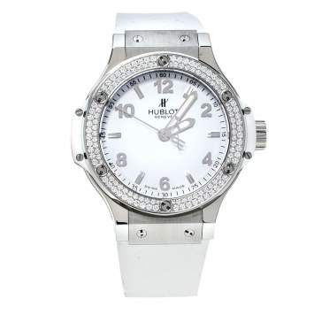 Pre Owned Hublot White Stainless Steel Rubber Diamond Big Bang 361.SE.2010.RW.1104.PLP Women's Wristwatch 38 mm