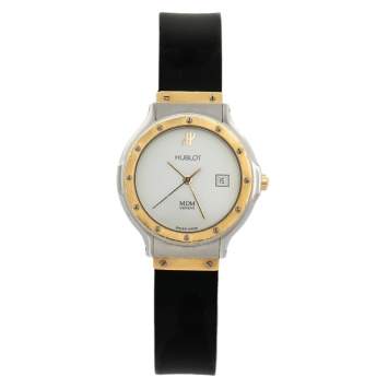 Pre Owned Hublot White 18K Yellow Gold & Stainless Steel MDM 1391.2 Women's Wristwatch 28 mm