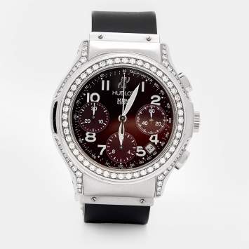 Pre Owned Hublot Burgundy Diamonds Stainless Steel Rubber MDM Chronograph 1810.1.024 Women's Wristwatch 40MM