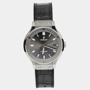 Pre Owned Hublot Grey Titanium Alligator Classic Fusion 565.NX.7071.LR  Women's Wristwatch 38 mm 