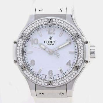 Pre Owned Hublot White Stainless Steel Diamond Big Bang 361.SE.2010.RW.1104 Quartz Women's Wristwatch 38 mm