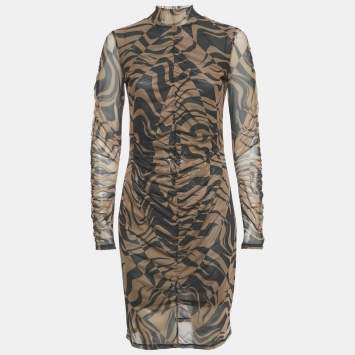 Pre Owned Hugo Boss Brown Printed Stretch Mesh Ruche Short Dress L