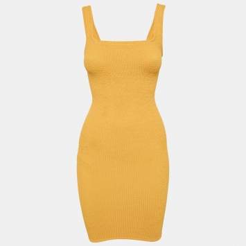 Pre Owned Hunza G Yellow Textured Knit Bodycon Dress S