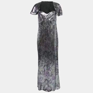 Pre Owned INGIE Paris Purple/Silver Sequin Sweetheart Neck Gown M