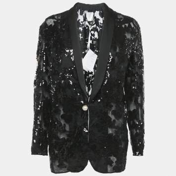 Pre Owned INGIE Paris Black Sequin Embellished Tulle Single Breasted Blazer M
