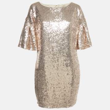 Pre Owned INGIE Paris Copper Gold Sequin Flared Sleeve Mini Dress M