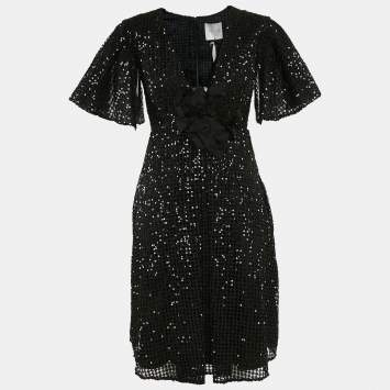 INGIE Paris Black Lace Sequin V-Neck Flared Short Dress M