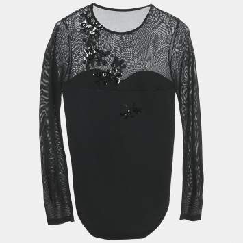 INGIE Paris Black Sequin Embroidered Jersey Bodysuit XL