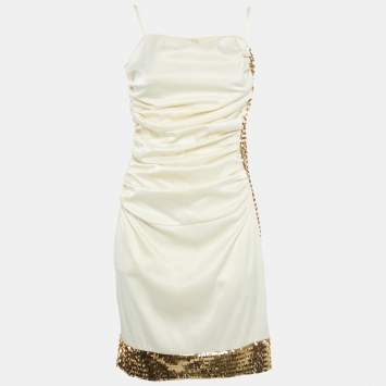 مملوكة مسبقًا Invito Haute Couture Cream Satin Rushed Sequin Detail Mini Dress S
