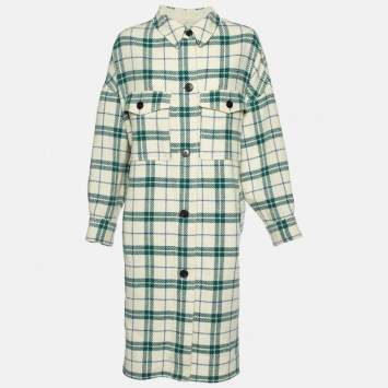 Pre Owned Isabel Marant Etoile Ivory White Faxon Plaid Wool Drop Shoulder Long Coat XS