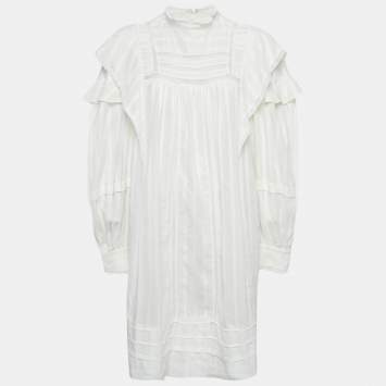 Pre Owned Isabel Marant Etoile White Stripe Cotton Lace Trim Ruffled Mini Dress L