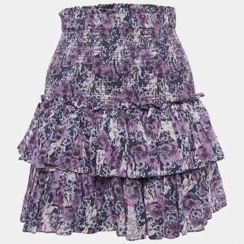 Pre Owned Isabel Marant Etoile Purple Floral Print Cotton Naomi Shirring Tiered Mini Skirt S