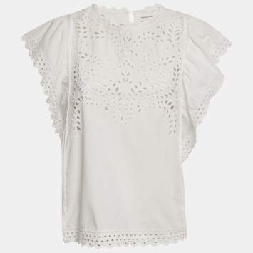 Pre Owned Isabel Marant Étoile White Broderie Anglaise Cotton Ruffled Blouse M