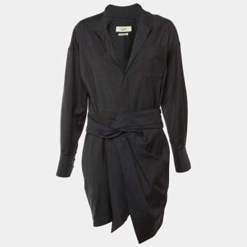 Pre Owned Isabel Marant Etoile Navy Blue Patterned Wool Draped Waist Mini Dress L