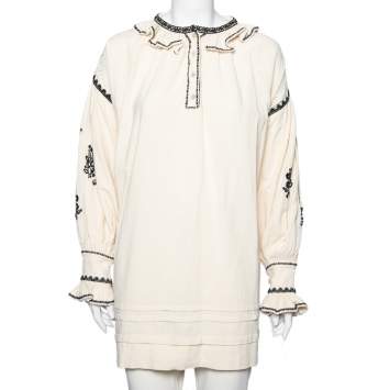 Pre Owned Isabel Marant Etoile Off White Embroidered Ruffled Oversized Top S