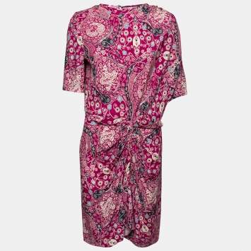 Pre Owned Isabel Marant Etoile Magenta Paisley Print Crepe Ruched Midi Dress L