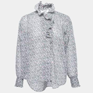 Pre Owned Isabel Marant Etoile White Floral Print Cotton Ruffle-Neck Top S