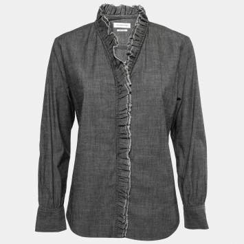 Pre Owned Isabel Marant Etoile Grey Stretch Cotton Ruffle Trimmed Shirt M