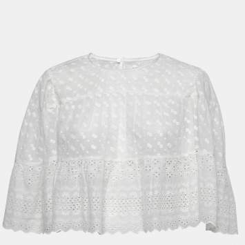 Pre Owned Isabel Marant Etoile White Floral Embroidered Cotton Tevika Crop Top L