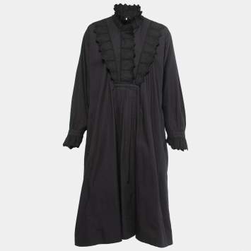 Pre Owned Isabel Marant Etoile Black Cotton Ruffled Long Sleeve Midi Dress M
