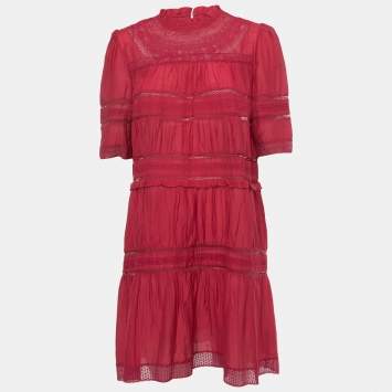 Pre Owned Isabel Marant Etoile Red Cotton Lace Trimmed Mini Dress M
