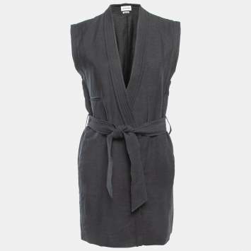Pre Owned Isabel Marant Etoile Black Grey Linen Belted Sleeveless Mini Dress XS