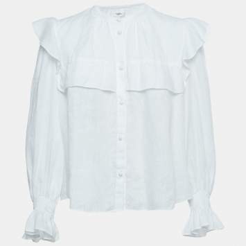 Pre Owned Isabel Marant Etoile White Linen Ruffled Button Front Blouse XS