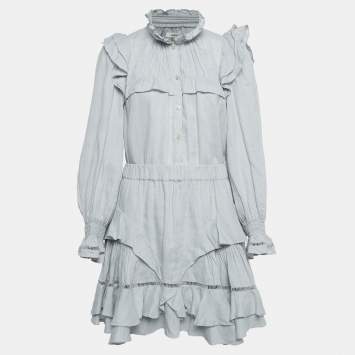 Pre Owned Isabel Marant Etoile Light Grey Linen Ruffled Atedy Top and Skirt Set M/L