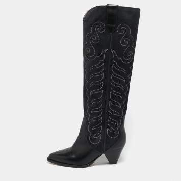 Pre Owned Isabel Marant Black Leather Cowboy Knee Length Boots Size 38