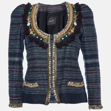 Pre Owned Isabel Marant Grey Striped Linen Crystal Embellished Jacket XS