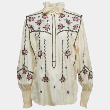 Pre Owned Isabel Marant Cream Embroidered Silk Ruffled Collar Top L