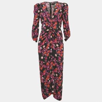 Pre Owned Isabel Marant Black Floral Print Midi Ruched Midi Dress M