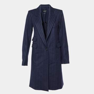 Pre Owned Isabel Marant Navy Blue Stripe Wool Mid-Length Coat S