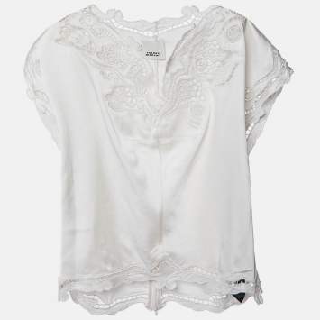Pre Owned Isabel Marant White Embordered Satin Silk Top S