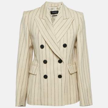 Pre Owned Isabel Marant Cream Pinstripe Linen Blend Double Breasted Blazer M