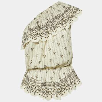 Isabel Marant Ivory Printed Cotton Studded One Shoulder Top M