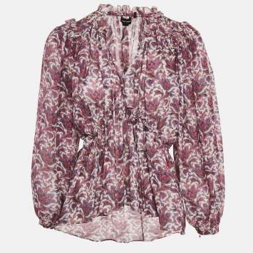 Isabel Marant Purple Printed Silk Ruffle Detail Top S