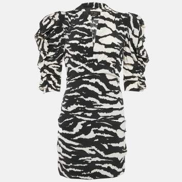 Pre Owned Isabel Marant Black Zebra Print Silk Ruffled Mini Dress S
