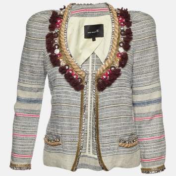 Pre Owned Isabel Marant Grey Striped Linen Crystal Embellishment Jacket M