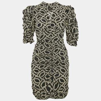 Pre Owned Isabel Marant Black Printed Silk Ruche Detail Mini Dress S