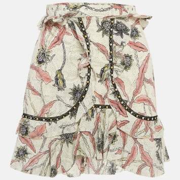 Pre Owned Isabel Marant Off White Leaf Print Cotton Ruffled Mini Skirt S